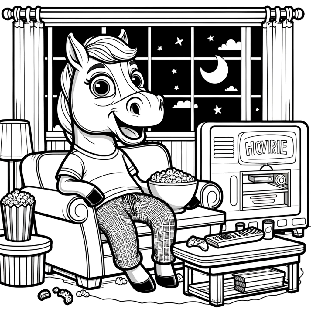 Color Pages for Kids and Adults - Horse Enjoying Movie Night 