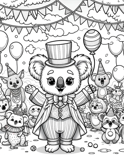 Animated Koala in magician outfit on color sheet for kids