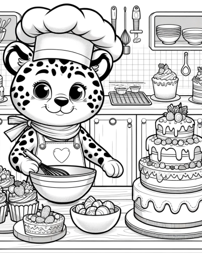 Leopard chef baking cakes color sheet, children�s color page