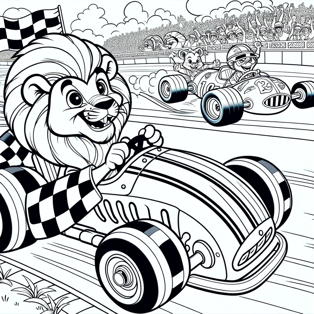 Coloring Page: Exciting Lion Racer Color Page For Kids