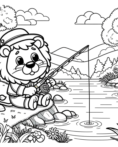 Adorable lion fishing color sheet � engaging color page activity for children