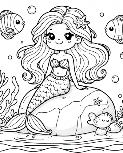 Color sheet featuring a charming mermaid sitting on a rock with fish and bubbles underwater