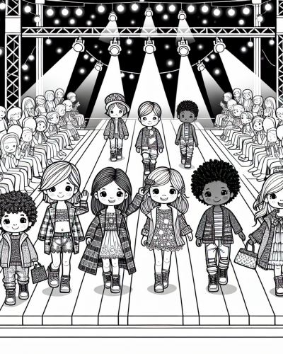 Children fashion show coloring sheet, color page