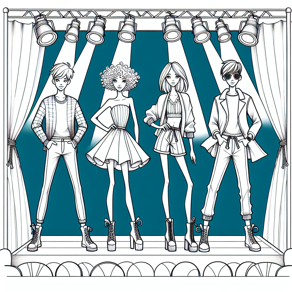 Fashionable characters posing on a stage, color sheet, color page for kids