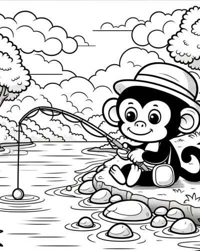 Adorable monkey fishing - color sheet for kids, creative color page