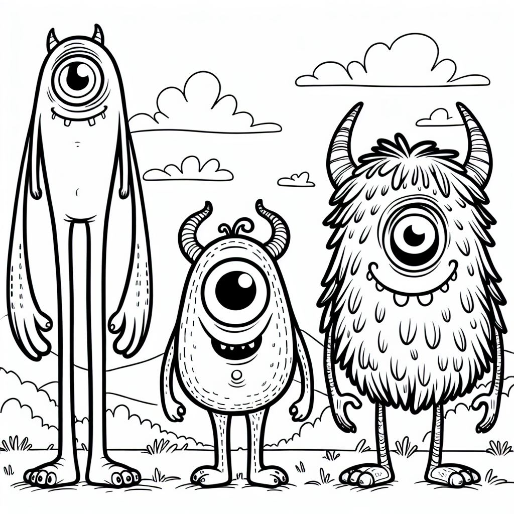 Friendly monsters color sheet for kids, perfect color page activity