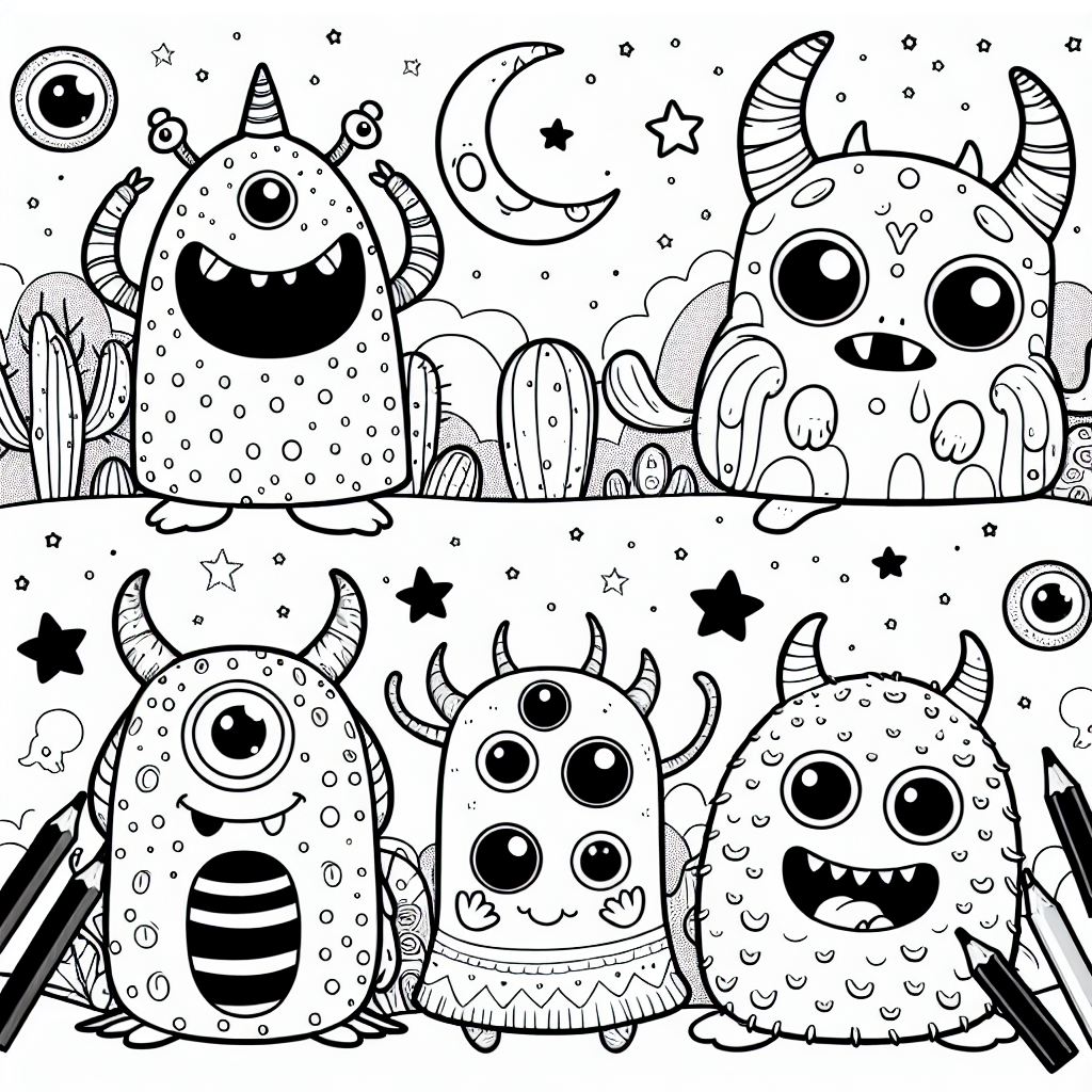 Whimsical monster color sheet for kids, a playful night scene inviting creativity.