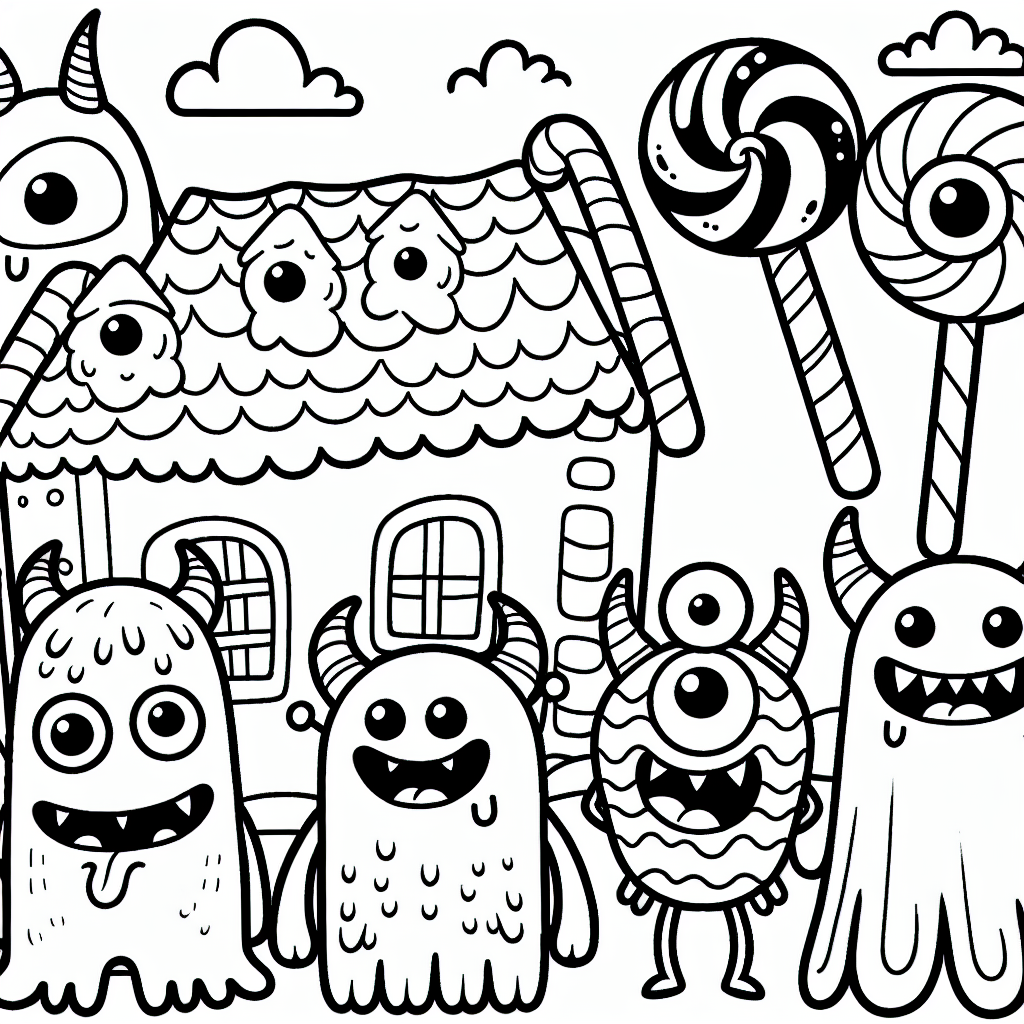 Whimsical monster candy land color sheet, color page