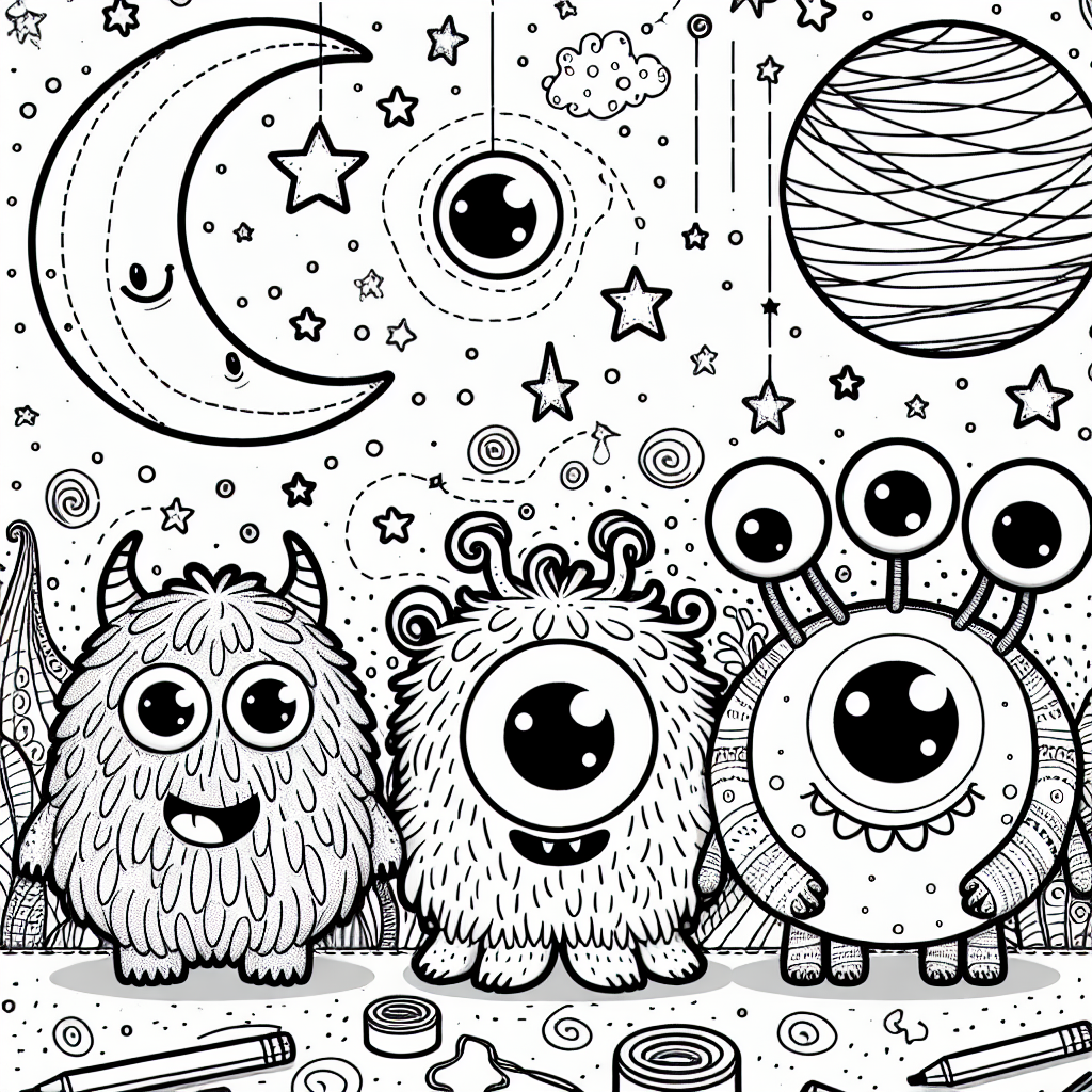 Whimsical Monsters under the starry sky - color sheet, color page