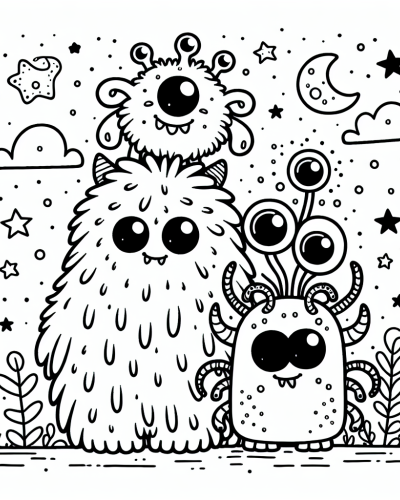 Adorable monsters color sheet, color page for kids