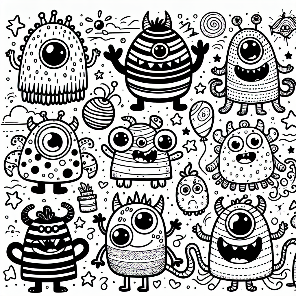 Fun and playful color sheet featuring whimsical monsters - ideal color page for kids