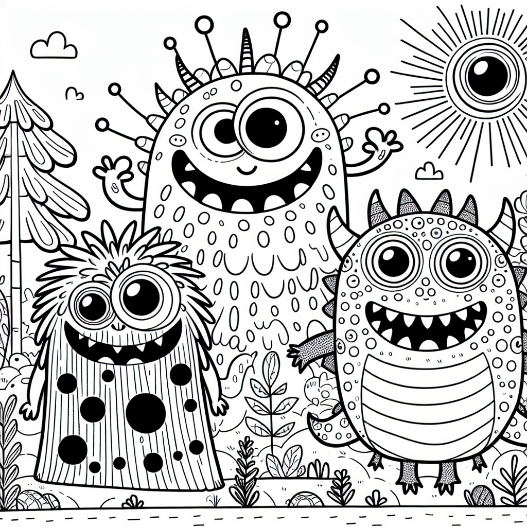 Monster color sheet, color page for kids featuring three cheerful monsters standing together