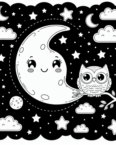 Adorable color sheet with a smiling moon and an owl for kids to enjoy as a color page