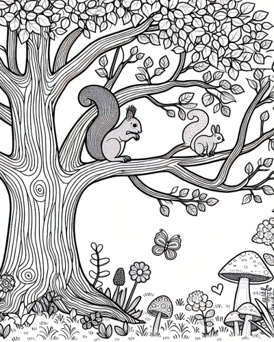 Charming Forest Squirrels on Tree Branch Color Sheet, Color Page