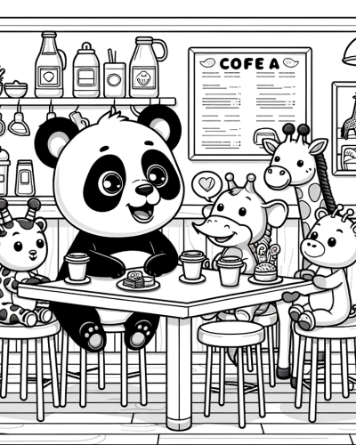 Animal friends at caf� color sheet, interactive color page for creative kids