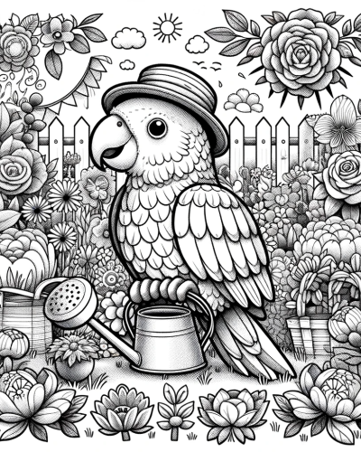 Parrot garden color sheet � color page with intricate floral background
