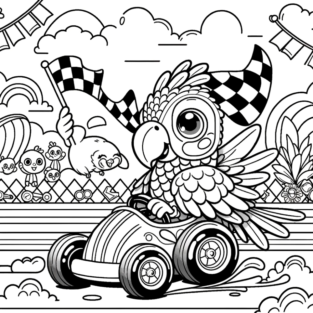 Coloring Page: Parrot Racing Adventure - Fun Color Page for Kids