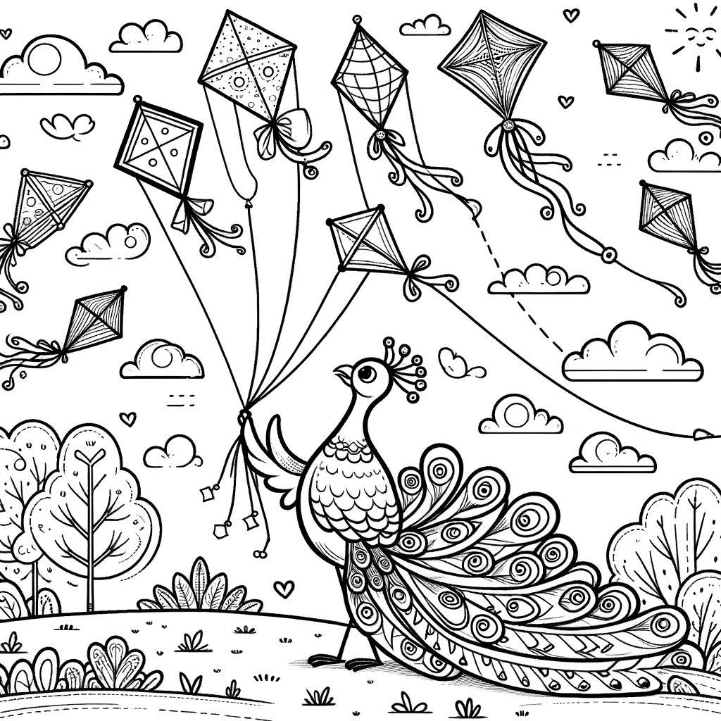 Illustration of a peacock with kites color sheet and color page for creative kids