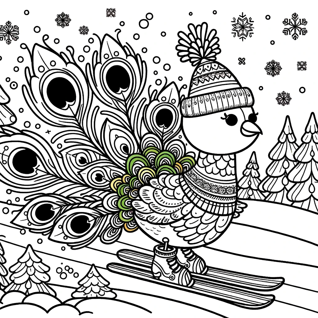 Winter bird skiing color sheet - coloring page for creative fun