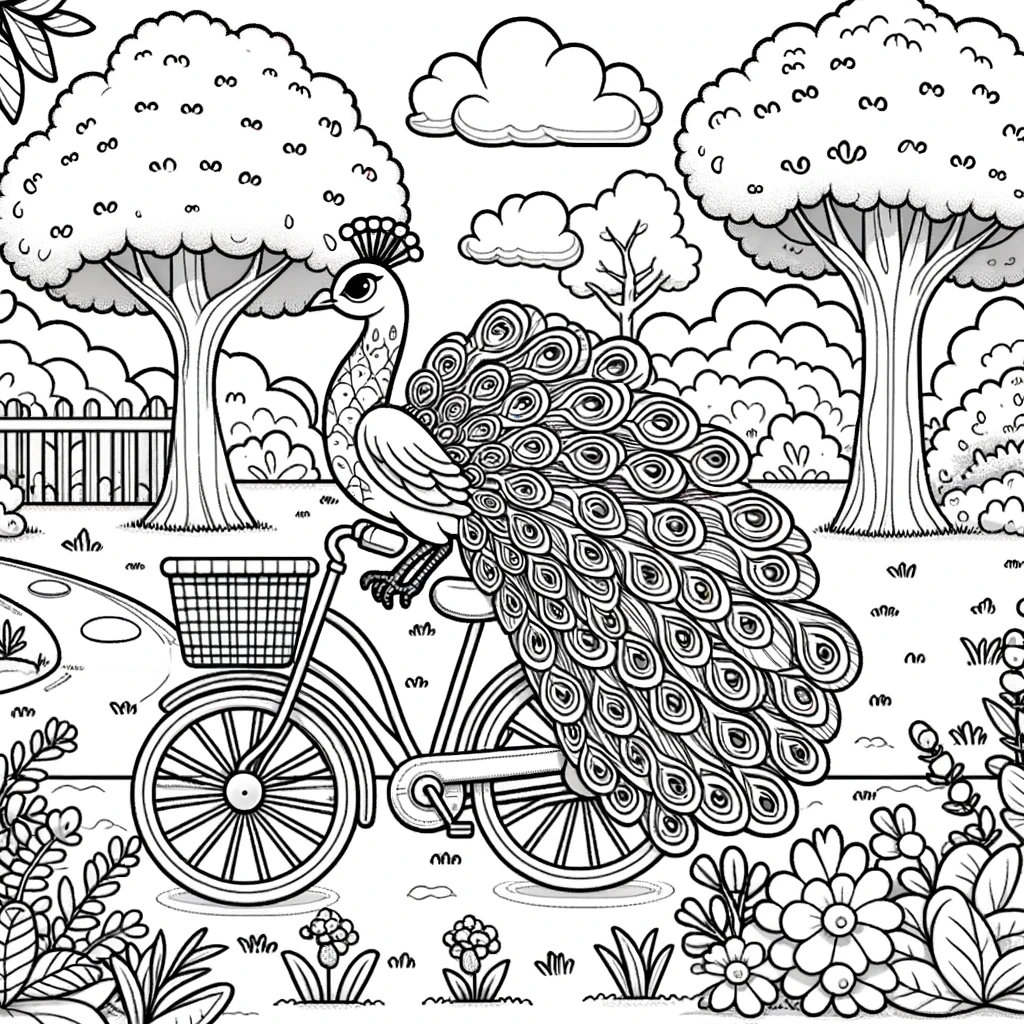 Intricate peacock on a bike color sheet, garden color page for kids