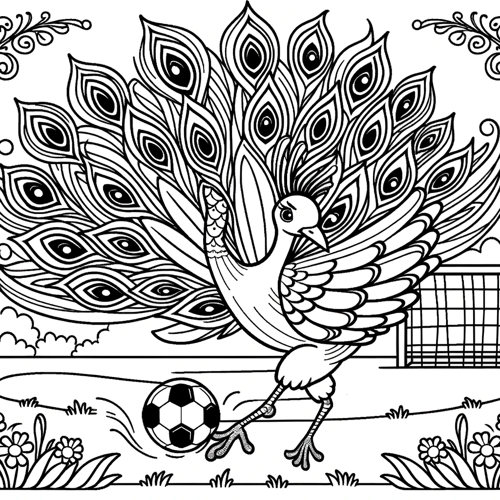 Color sheet of a peacock playing soccer, perfect color page activity