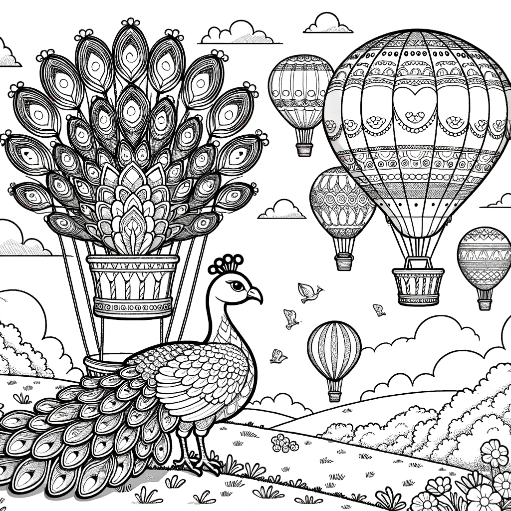 Detailed peacock color sheet and scene coloring page for kids