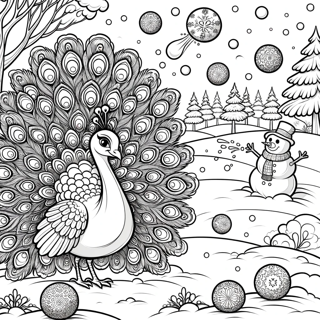 Winter scene color sheet featuring a peacock and snowman