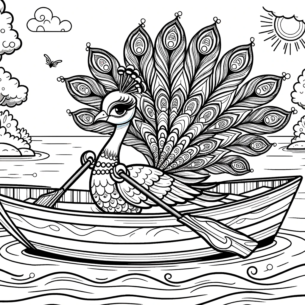 Illustrative color sheet of a peacock rowing a boat, perfect for a color page activity