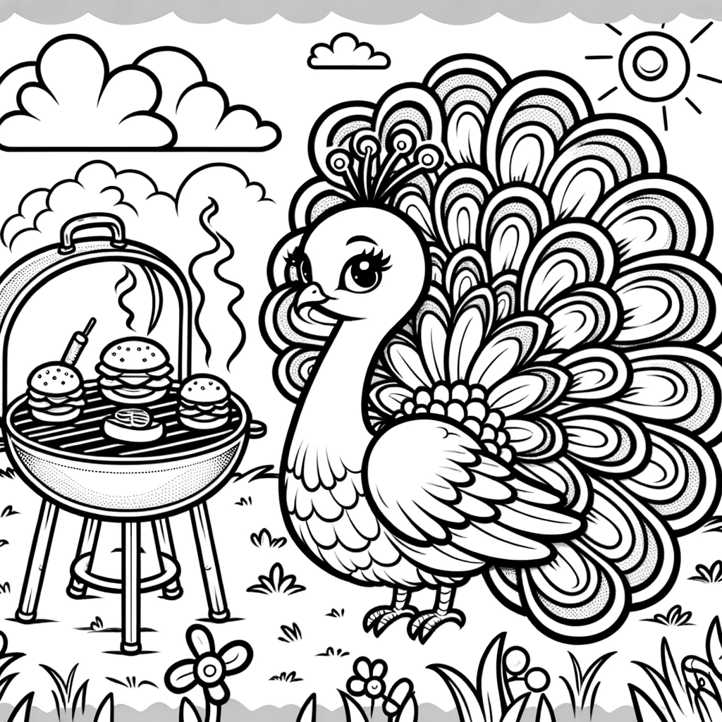 Cartoon peacock grilling burgers color sheet, color page