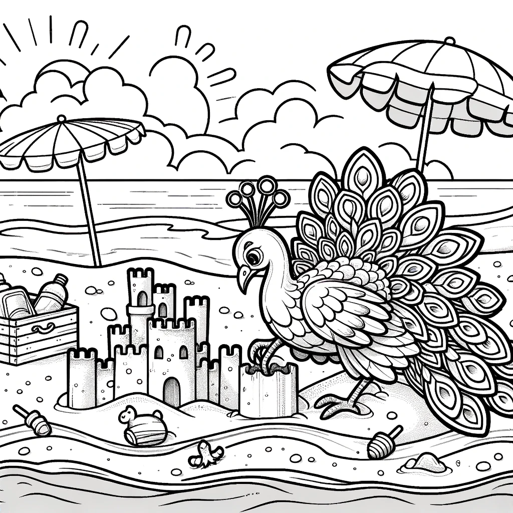Peacock on a beach color sheet, ideal color page for creative kids
