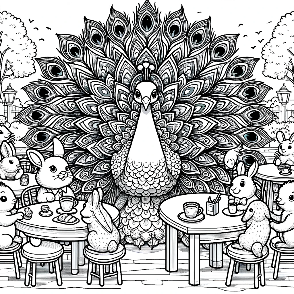 Detailed illustration of a peacock at a tea party for a children's color sheet and color page
