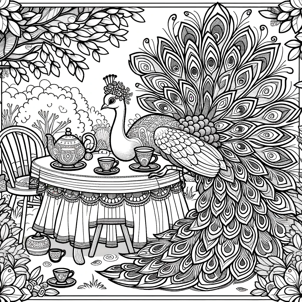 Peacock and Tea Set Color Sheet for Kids