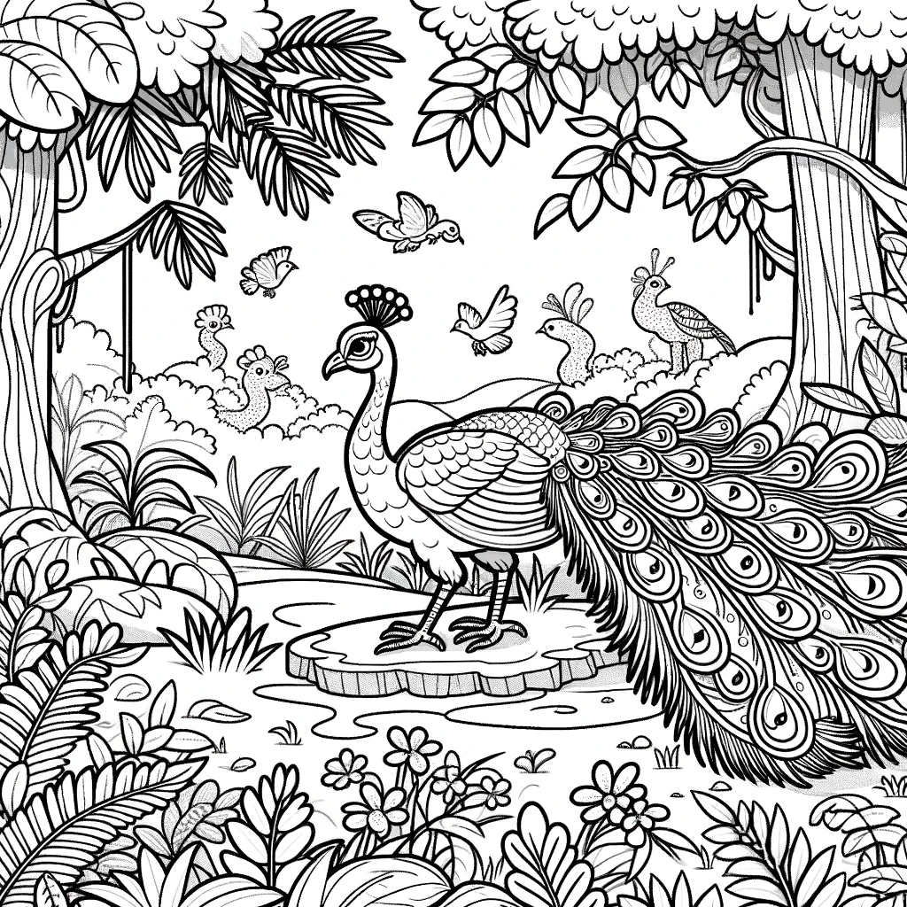 Intricately designed color sheet of a peacock for kids - coloring page
