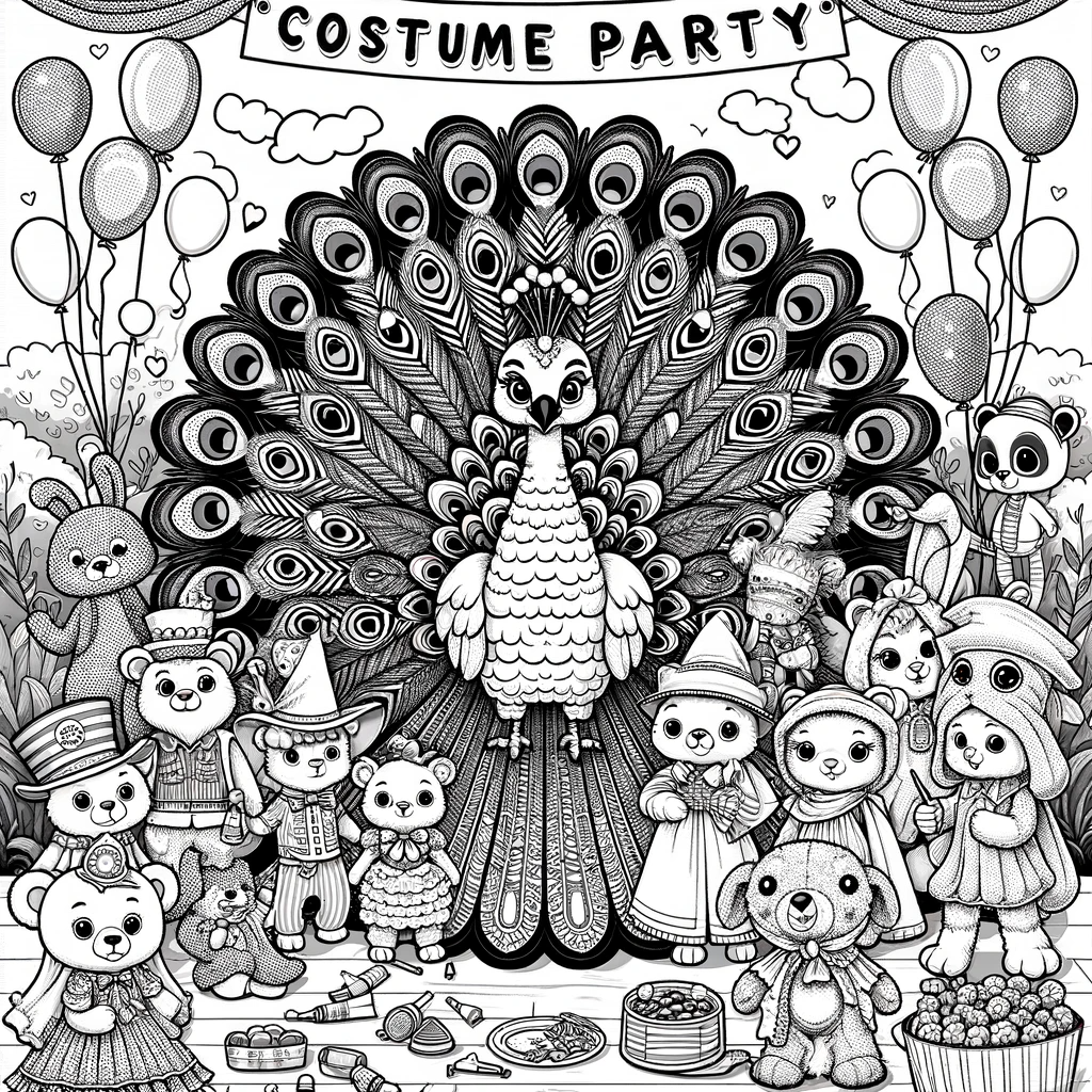 A detailed black and white color sheet of a peacock at a costume party, perfect for kids' coloring activities