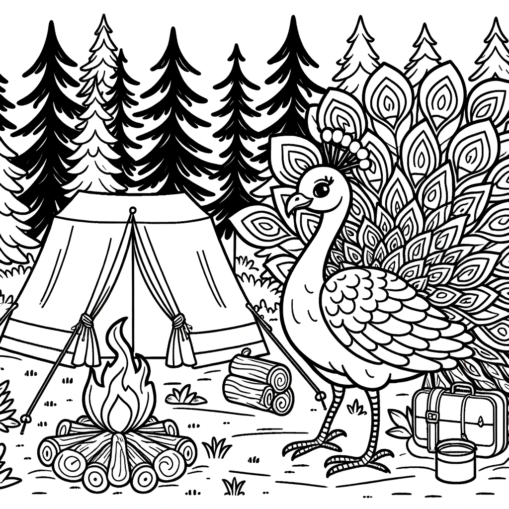 Peacock at a campsite color sheet for children's coloring