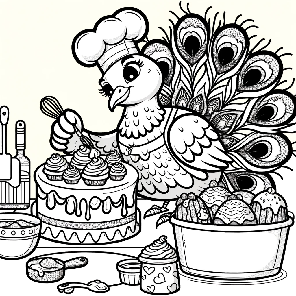 Kids' coloring sheet of a peacock chef decorating a cake