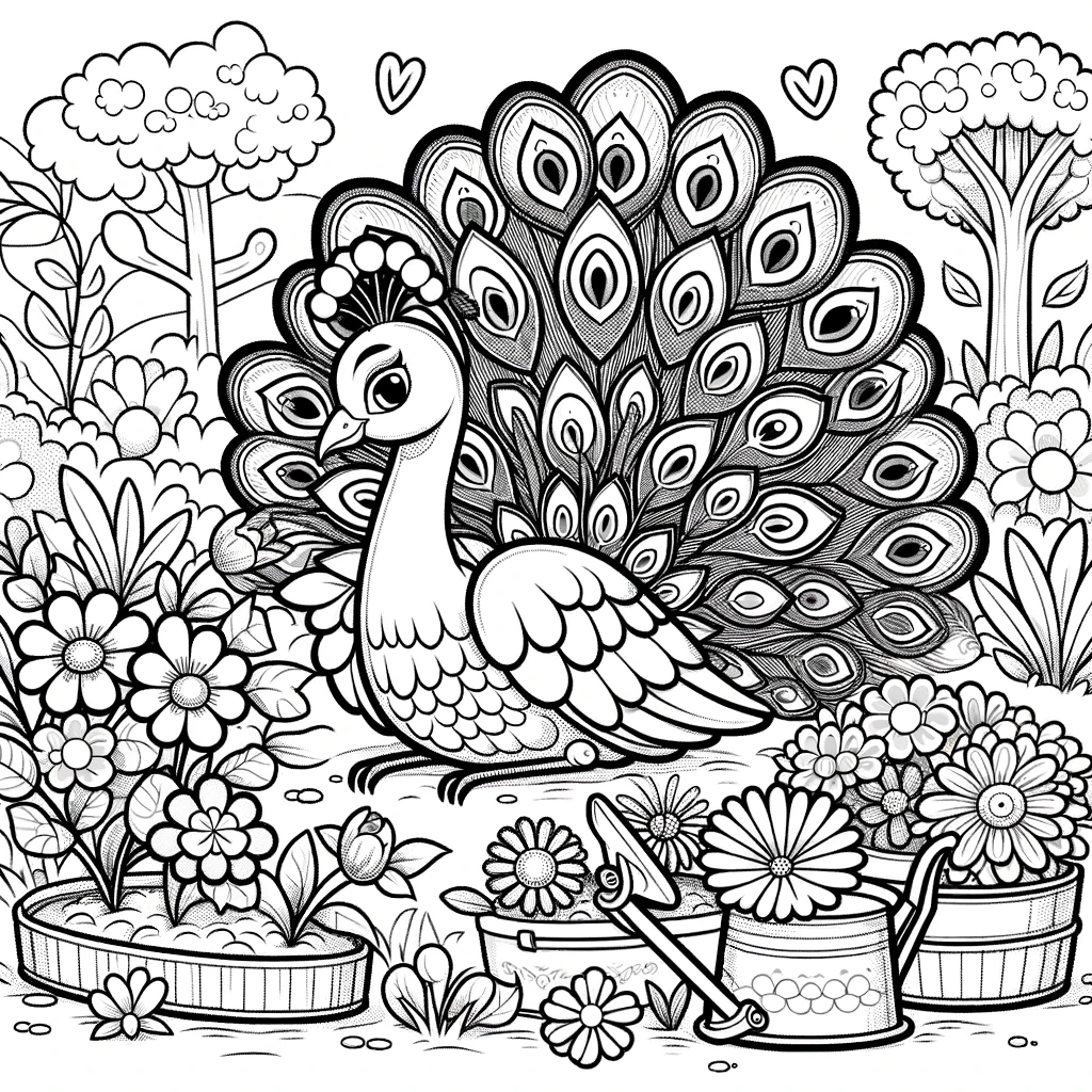 Peacock color sheet for kids, intricate coloring page