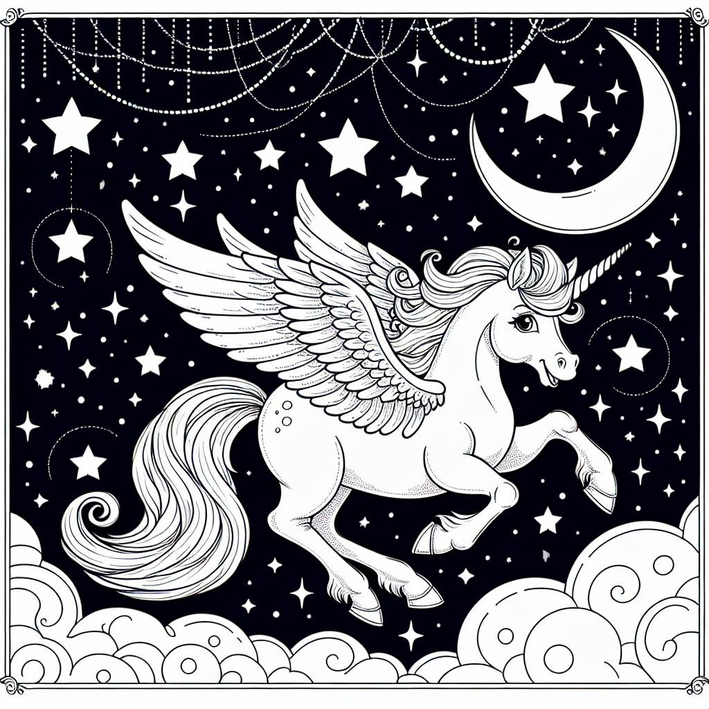 color sheet featuring a unicorn flying in the night sky with stars and a moon