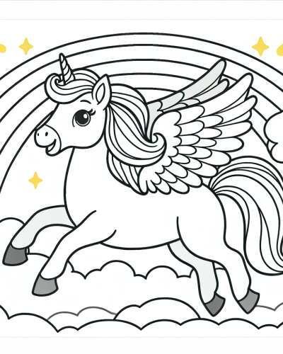 Charming unicorn color sheet with rainbow and clouds, perfect color page for kids