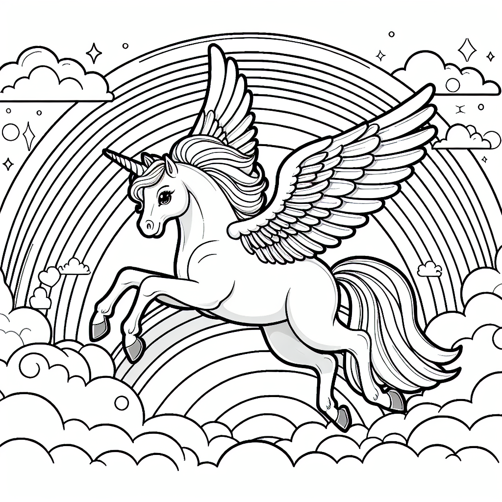 Magical Unicorn color sheet with rainbow and clouds - perfect color page for kids
