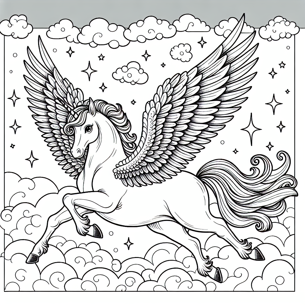 Pegasus color sheet, color page depicting a flying winged horse in a fantasy sky