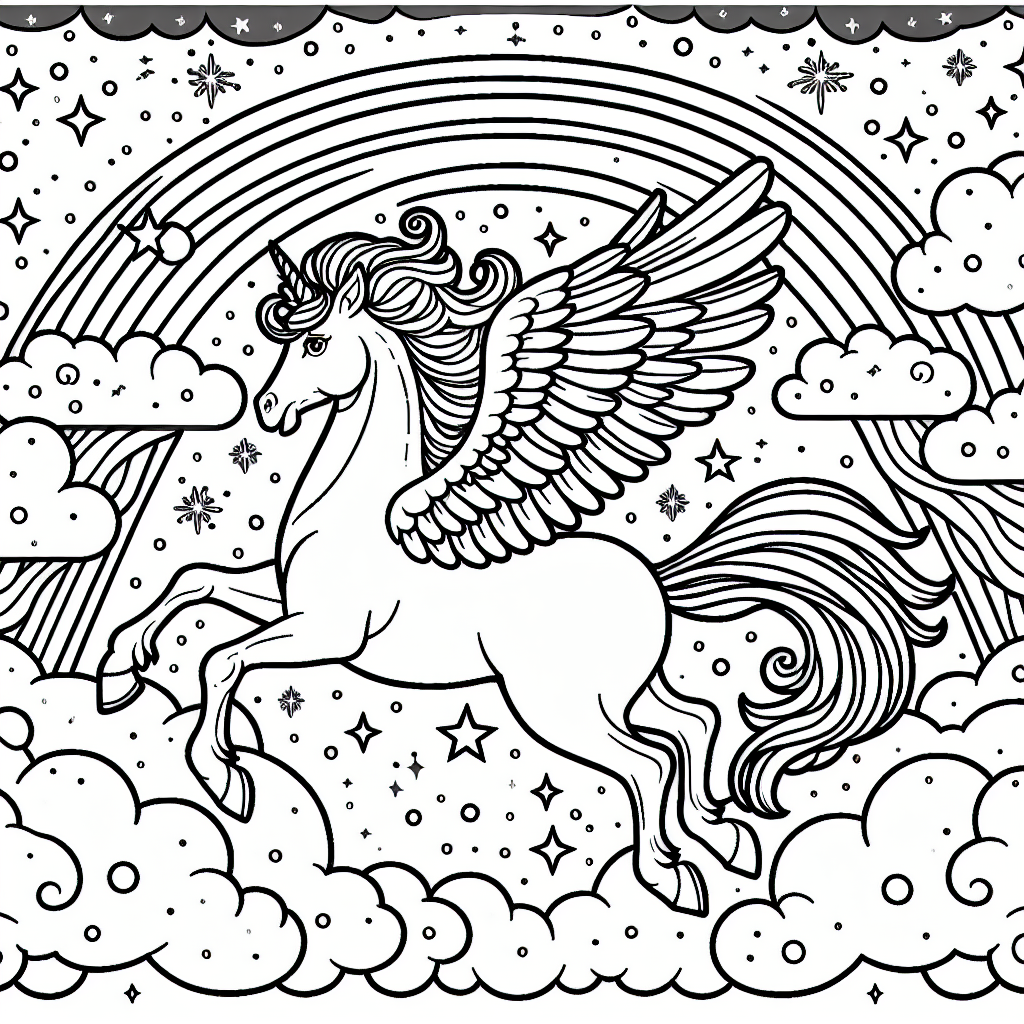 Color sheet: Enchanting unicorn with wings flying among clouds and stars on a color page