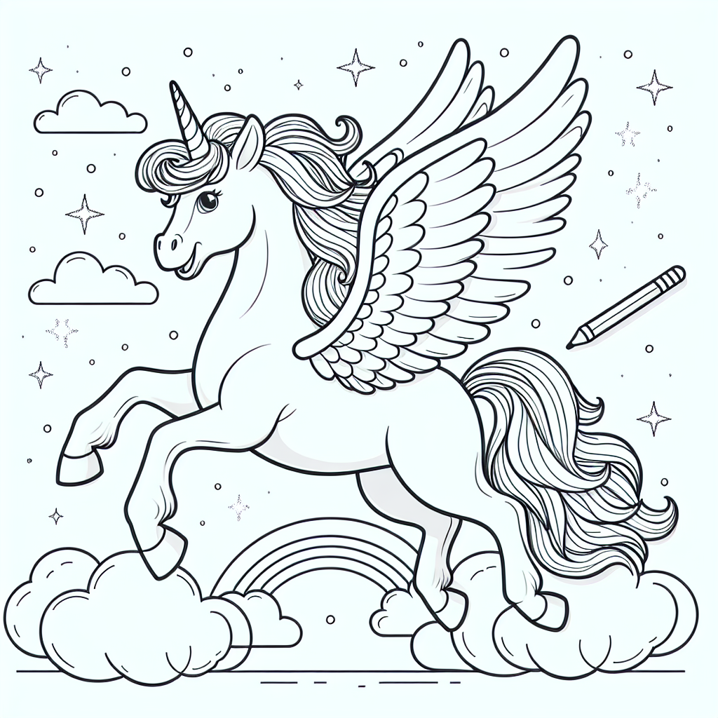 color sheet depicting a flying Pegasus unicorn among clouds and stars, perfect as a color page for kids