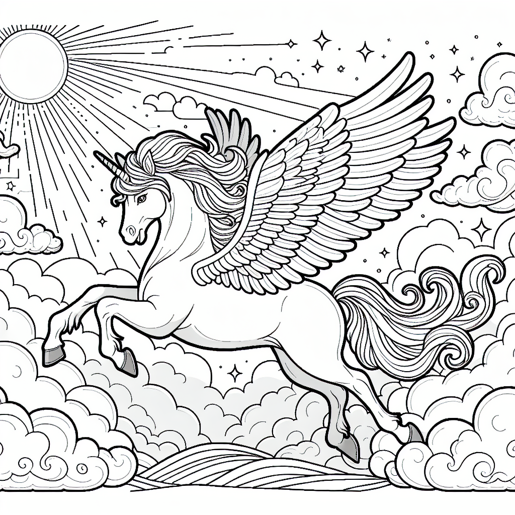 Color sheet featuring a unicorn soaring through clouds with sun and stars