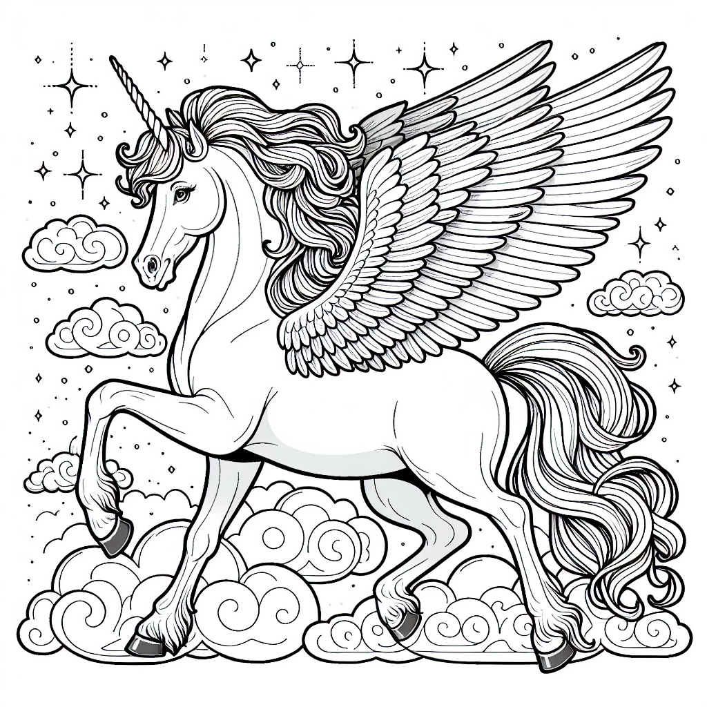 Unicorn with wings color sheet, a detailed color page for kids
