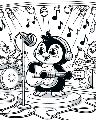 Animated penguin with guitar color sheet � color page for kids