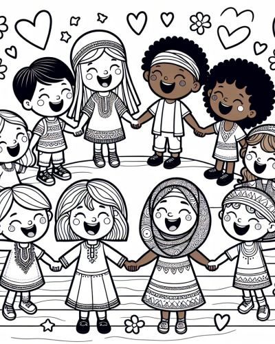 Color Sheet Featuring Kids Holding Hands in Diverse Cultural Outfits