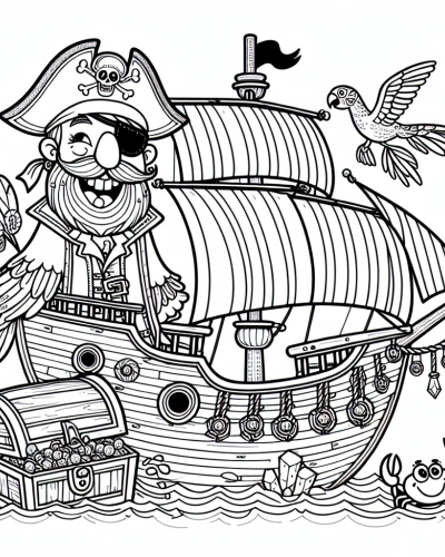 Color sheet of a pirate ship for kids, a fun color page