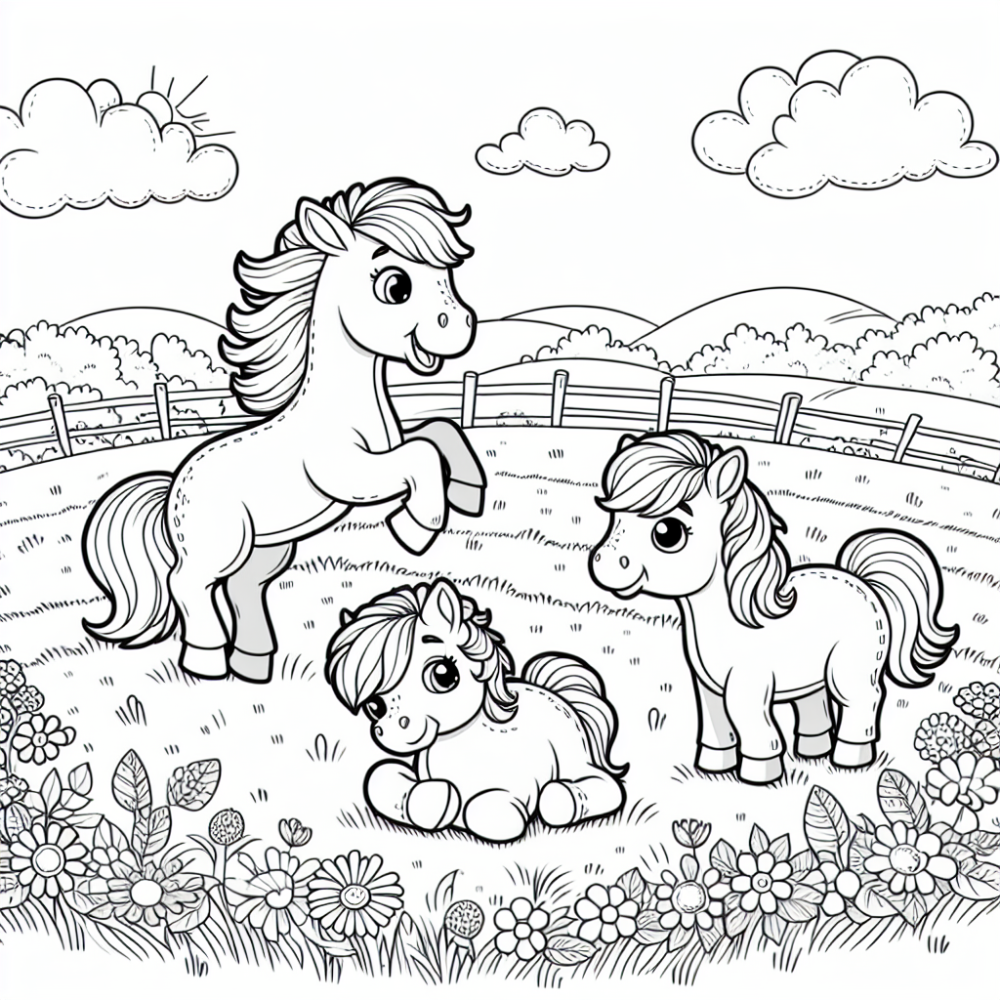 Colouring Ponies Learning Coloring Page: Playful Ponies Color Page for Kids