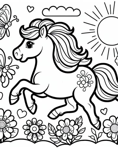 A happy horse prancing in a garden with butterflies, flowers, and a shining sun - color page, color sheet for kids